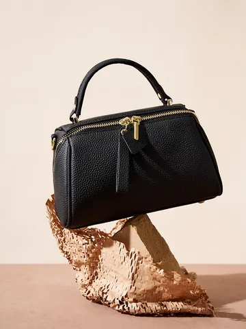 Vintage Genuine Leather Boston Bag For Women Top Layer Cowhide Lychee Pattern Shoulder Crossbody Bag Versatile Top Handle Bag