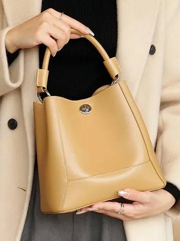 Genuine Leather Large Capacity Slouchy Bucket Handbag For Women Minimalist Turn Lock Shoulder Bag With Contrast Stitching