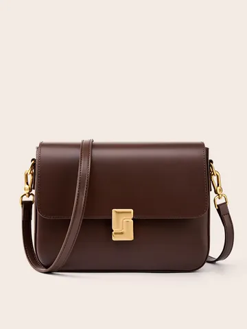 Women's Genuine Leather Shoulder Bag Retro Square Crossbody Bag With Gold Geometric Buckle Solid Color Commuter Underarm Bag