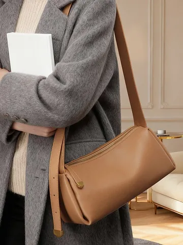 Sac Oreiller en Cuir Véritable pour Femmes Minimaliste Cuir de Vachette Sac Bandoulière avec Large Bandoulière pour Bureau