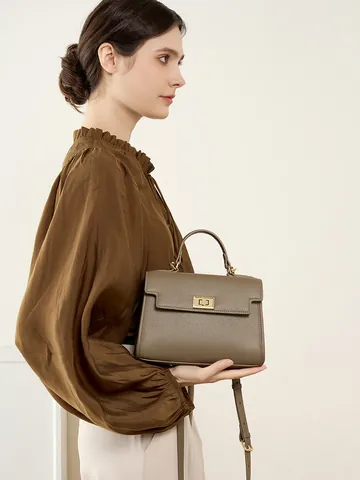 Borsa a Mano da Donna in Vera Pelle Vintage in Pelle Bovina Tracolla Hardware Dorato Chiusura a Patta Pendolare Piccola Tote
