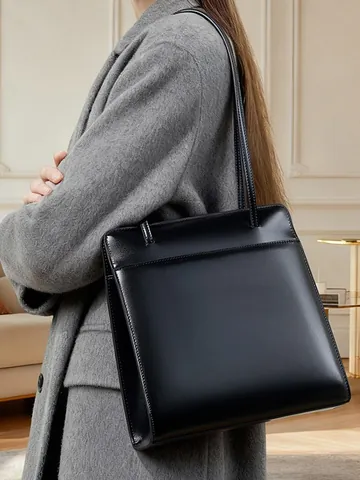 Sac Cabas pour Femme en Cuir Véritable Minimaliste Sac à Épaule en Croûte de Cuir Trajet Quotidien Sac à Main Carré Vintage Rouge Vin Brun