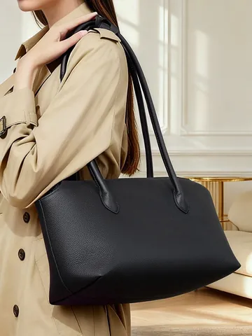 Borsa Tote da Donna in Vera Pelle Grande Capacità Primo Strato di Pelle di Vacchetta Borsa a Tracolla Motivo Litchi Minimalista Borsa da Pendolare