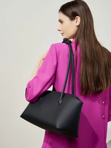 Borsa Tote da Donna in Vera Pelle Grande Capacità Primo Strato di Pelle di Vacchetta Borsa a Tracolla Motivo Litchi Minimalista Borsa da Pendolare