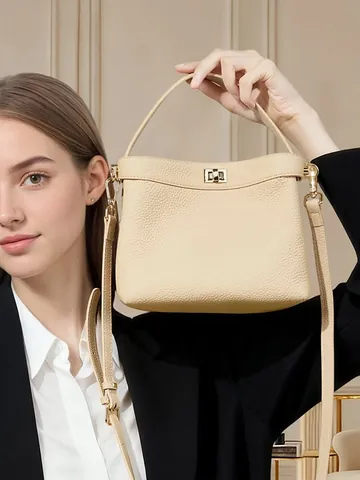 Damen Echtes Leder Beuteltasche Lychee Muster Schulter Umhängetasche Mit Metallschloss Pendler Tote Handtasche