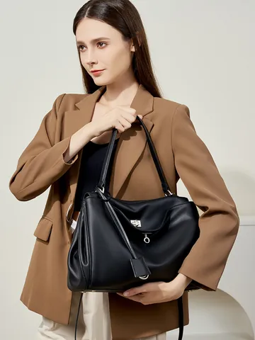 Sac Fourre-tout en Cuir Véritable pour Femmes Grande Capacité Avec Boucle Métallique Sac à Main d'Épaule pour Travail