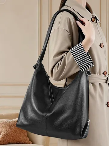 Women Genuine Leather Tote Bag Large Capacity Hobo Shoulder Bag With Adjustable Strap Solid Color Commuting Underarm Bag