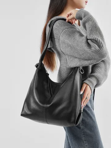 Women Genuine Leather Tote Bag Large Capacity Hobo Shoulder Bag With Adjustable Strap Solid Color Commuting Underarm Bag