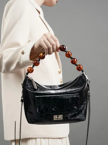 Sac à Épaule Femme en Cuir Véritable Rétro Sac à Main Plissé Poignée en Perles d'Ambre Cuir de Vachette Sac Bandoulière Mode Femme