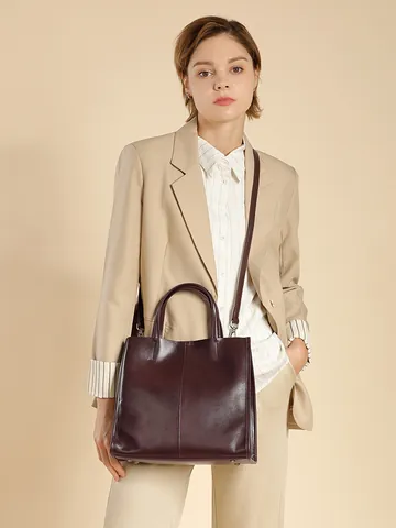 Borsa Tote da Donna in Pelle di Vacchetta Primo Strato Grande Capacità Quadrata Verticale a Spalla Tracolla Valigetta Business