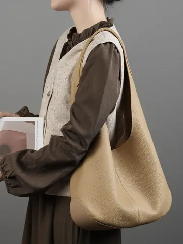 Minimalistische Eerste Laag Koeienhuid Hobo Tas Grote Capaciteit Lychee Textuur Dames Schouder Tote Tas Retro Effen Kleur Onderarm Tas