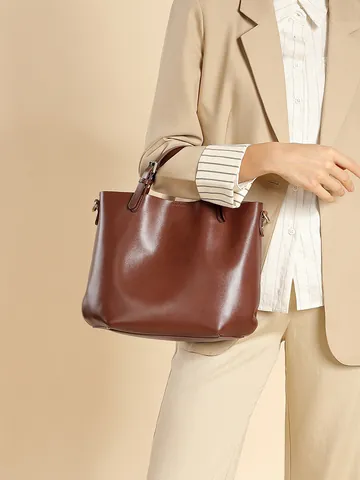 Borsa Tote in Vera Pelle da Donna Grande Capacità Primo Strato di Pelle di Vacchetta Borsa a Secchiello Semplice Ufficio Pendolarismo