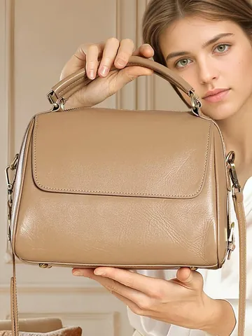 Sac Boston Femme Cuir Véritable Grande Capacité Cuir de Vachette Première Couche Sac Bandoulière Urbain Trajet Travail Style Vintage