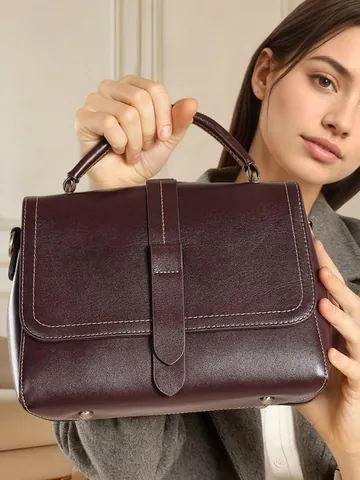Women Genuine Leather Handbag Top Layer Cowhide Shoulder Crossbody Bag Large Capacity Retro Square Bag With Wide Strap