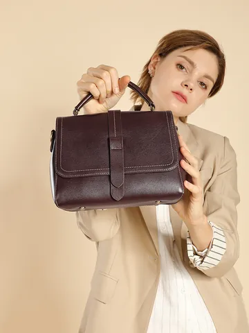 Women Genuine Leather Handbag Top Layer Cowhide Shoulder Crossbody Bag Large Capacity Retro Square Bag With Wide Strap
