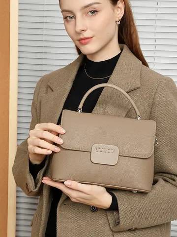 Genuine First Layer Cowhide Shell Bag For Women Vintage Litchi Texture Leather Flap Handbag With Wide Shoulder Strap Crossbody Shoulder Bag Office Commute Daily Use