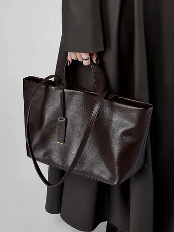 Borsa Tote da Donna in Vera Pelle di Vacchetta Grande Capacità Minimalista Retrò Urbana Borsa a Spalla per Pendolari Ufficio
