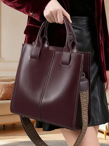Women's Genuine Leather Large Capacity Tote Bag Vintage Cowhide Handbag Wide Geometric Patterned Strap Daily Shoulder Bag