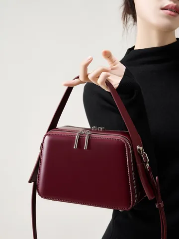 Women's Genuine Leather Small Square Bag Minimalist Split Cowhide Crossbody Shoulder Bag With Zipper Closure For Daily Commute