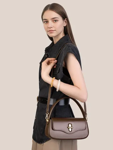 Niche Designer Genuine Leather Bag For Women Minimalist Baguette Shoulder Bag Split Cowhide Crossbody Handbag With Metal Lock