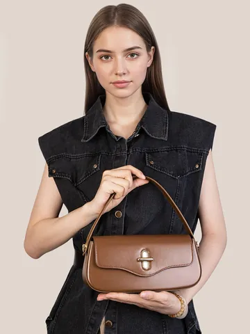 Niche Designer Genuine Leather Bag For Women Minimalist Baguette Shoulder Bag Split Cowhide Crossbody Handbag With Metal Lock
