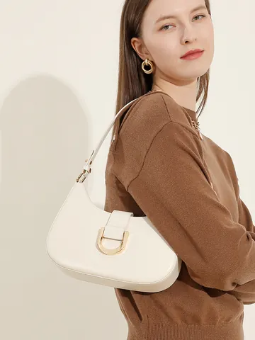 Women's Genuine Split Leather Underarm Baguette Bag Minimalist Hobo Shoulder Bag With Metal Buckle For Daily Commute