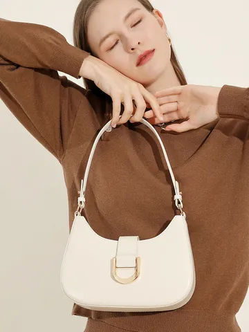 Women's Genuine Split Leather Underarm Baguette Bag Minimalist Hobo Shoulder Bag With Metal Buckle For Daily Commute