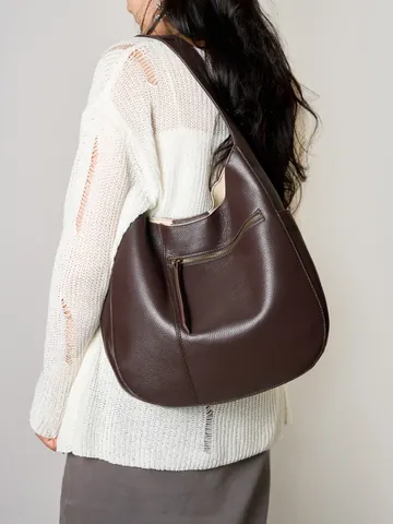 Borsa Hobo in Vera Pelle Grande Capacità Donna Primo Strato di Pelle Mezzaluna Borsa a Spalla Minimalista Pendolare Tote