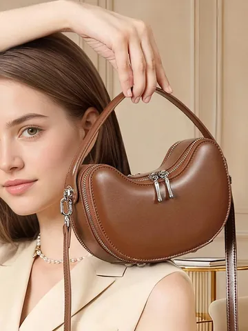 Women Genuine Leather Crescent Crossbody Bag Luxury Cowhide Half Moon Handbag Dual Zipper Shoulder Bag Vintage Minimalist Commuter Tote Bag