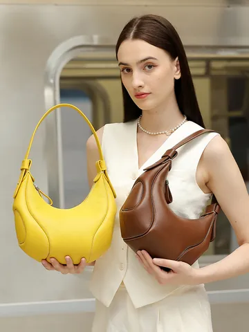 Damen Genuine Top-Grain Rindsleder Crescent Hobo Tasche Kontrastnähte Unterarm Schultertasche Für Tägliches Pendeln