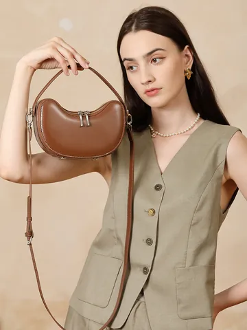 Women Genuine Leather Crescent Crossbody Bag Luxury Cowhide Half Moon Handbag Dual Zipper Shoulder Bag Vintage Minimalist Commuter Tote Bag