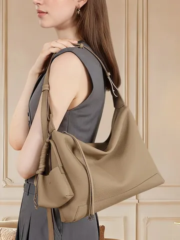 Borsa Tote In Vera Pelle Di Grande Capacità Da Donna Borsa A Spalla Hobo Grana Litchi Con Tracolla Regolabile E Mini Pochette
