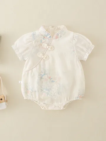 Pagliaccetto per Neonata in Stile Cinese Stampa Floreale Manica Corta Tuta Tradizionale Qipao Body per Outfits Estivi