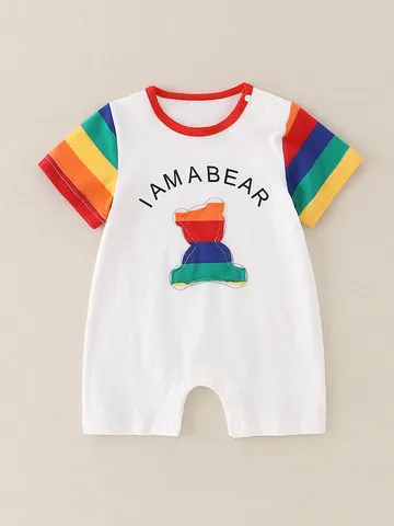 Baby Cotton Romper Rainbow Short Sleeve Jumpsuit Bear Pattern Summer Newborn Bodysuit Snap Button Infant Clothes