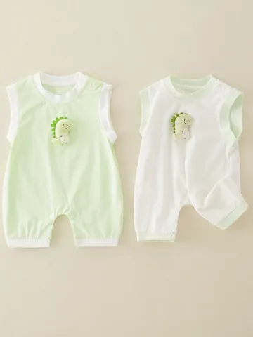 Zomerse Mouwloze Katoenen Babyromper Leuke 3D Dinosaurus Patch Pasgeboren Jumpsuit Ademende Babykleding