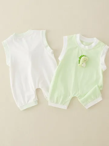 Zomerse Mouwloze Katoenen Babyromper Leuke 3D Dinosaurus Patch Pasgeboren Jumpsuit Ademende Babykleding