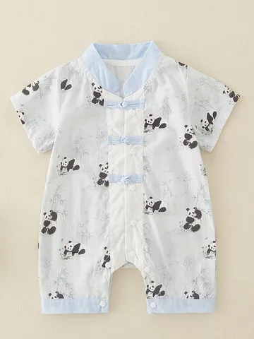 Infant Chinese Style Cotton Romper Panda Bamboo Print Short Sleeve Jumpsuit With Frog Buttons For Baby Boys Summer Clothing