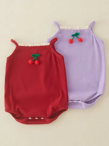 Baby Girls Cotton Ribbed Sleeveless Romper Lace Trim Cherry Bodysuit Summer Infants Sleeveless One Piece Jumpsuit Outfit