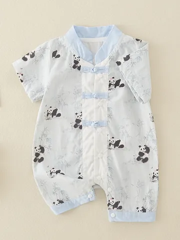 Infant Chinese Style Cotton Romper Panda Bamboo Print Short Sleeve Jumpsuit With Frog Buttons For Baby Boys Summer Clothing