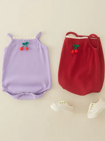 Baby Girls Cotton Ribbed Sleeveless Romper Lace Trim Cherry Bodysuit Summer Infants Sleeveless One Piece Jumpsuit Outfit