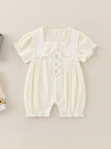 Baby Girl Summer Cotton Romper Sweet Floral Embroidery Short Sleeve Jumpsuit With Lace Trim Square Collar Snap Buttons
