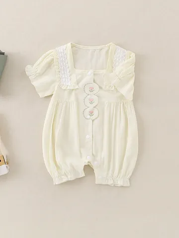 Baby Girl Summer Cotton Romper Sweet Floral Embroidery Short Sleeve Jumpsuit With Lace Trim Square Collar Snap Buttons