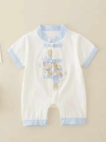 Baby Boy Traditional Chinese Style Romper Cotton Short Sleeve Jumpsuit Floral Embroidery Frog Button Newborn Summer Clothes