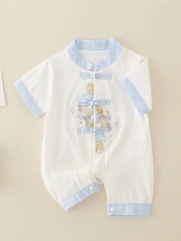 Baby Boy Traditional Chinese Style Romper Cotton Short Sleeve Jumpsuit Floral Embroidery Frog Button Newborn Summer Clothes