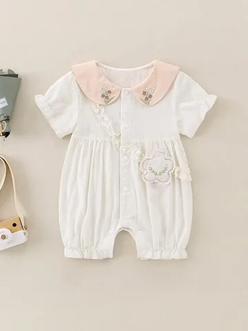Baby Mädchen Sommer Baumwolle Strampler Kurzarm Peter-Pan-Kragen Blumenstickerei Rüschen Body Süßer Kleinkind Jumpsuit Outfit