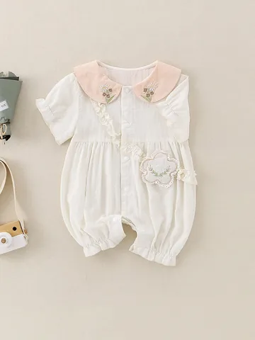 Baby Mädchen Sommer Baumwolle Strampler Kurzarm Peter-Pan-Kragen Blumenstickerei Rüschen Body Süßer Kleinkind Jumpsuit Outfit