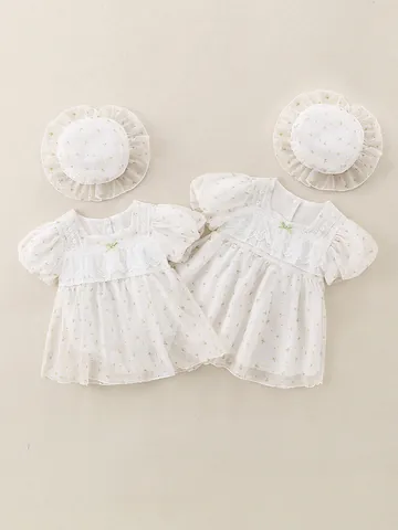 Baby Girls Summer Floral Princess Dress Romper And Matching Hat Set Lace Bow Pearl Infant Toddler Birthday Outfits