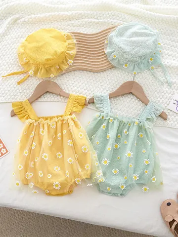 Baby Girl Sunflower Sleeveless Romper Matching Hat Set Cotton Mesh Daisy Embroidery Ruffle Princess Summer Infant Jumpsuit