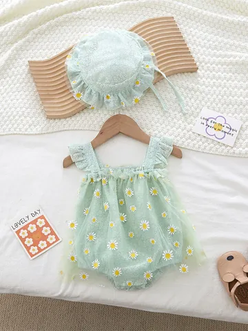 Baby Girl Sunflower Sleeveless Romper Matching Hat Set Cotton Mesh Daisy Embroidery Ruffle Princess Summer Infant Jumpsuit