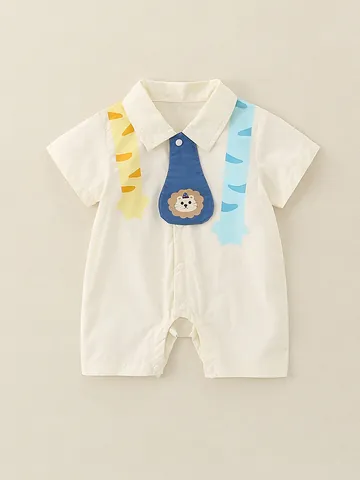 Pagliaccetto a Maniche Corte per Neonato in Puro Cotone Estivo Sottile Leone Cartone Animato Cravatta Revers Beige